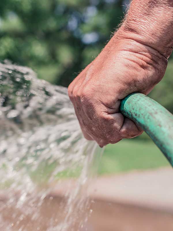 green hose in man's hand, spraying water